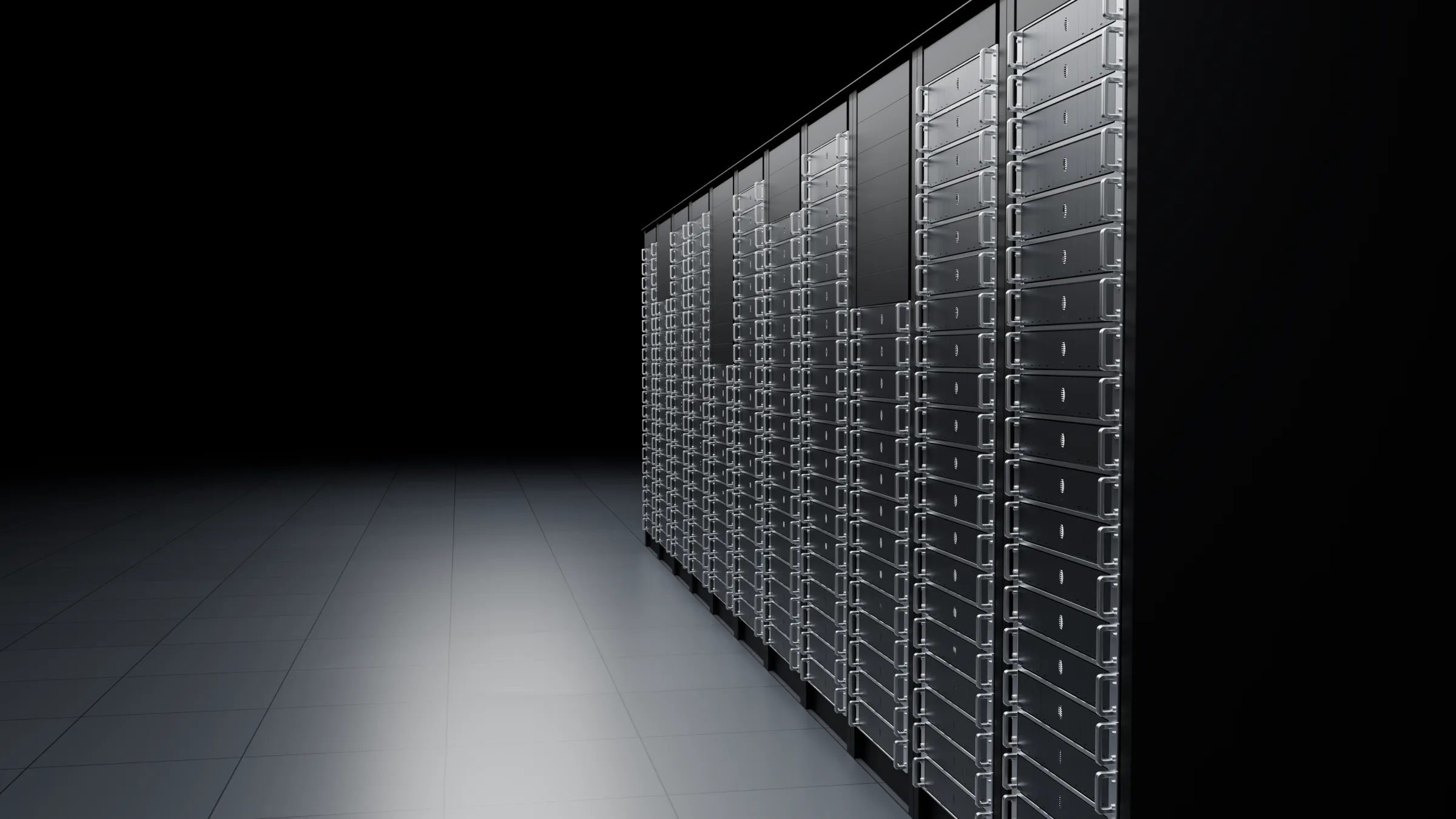 A row of racks of Eigna Box Enterprise units in a dark data hall
