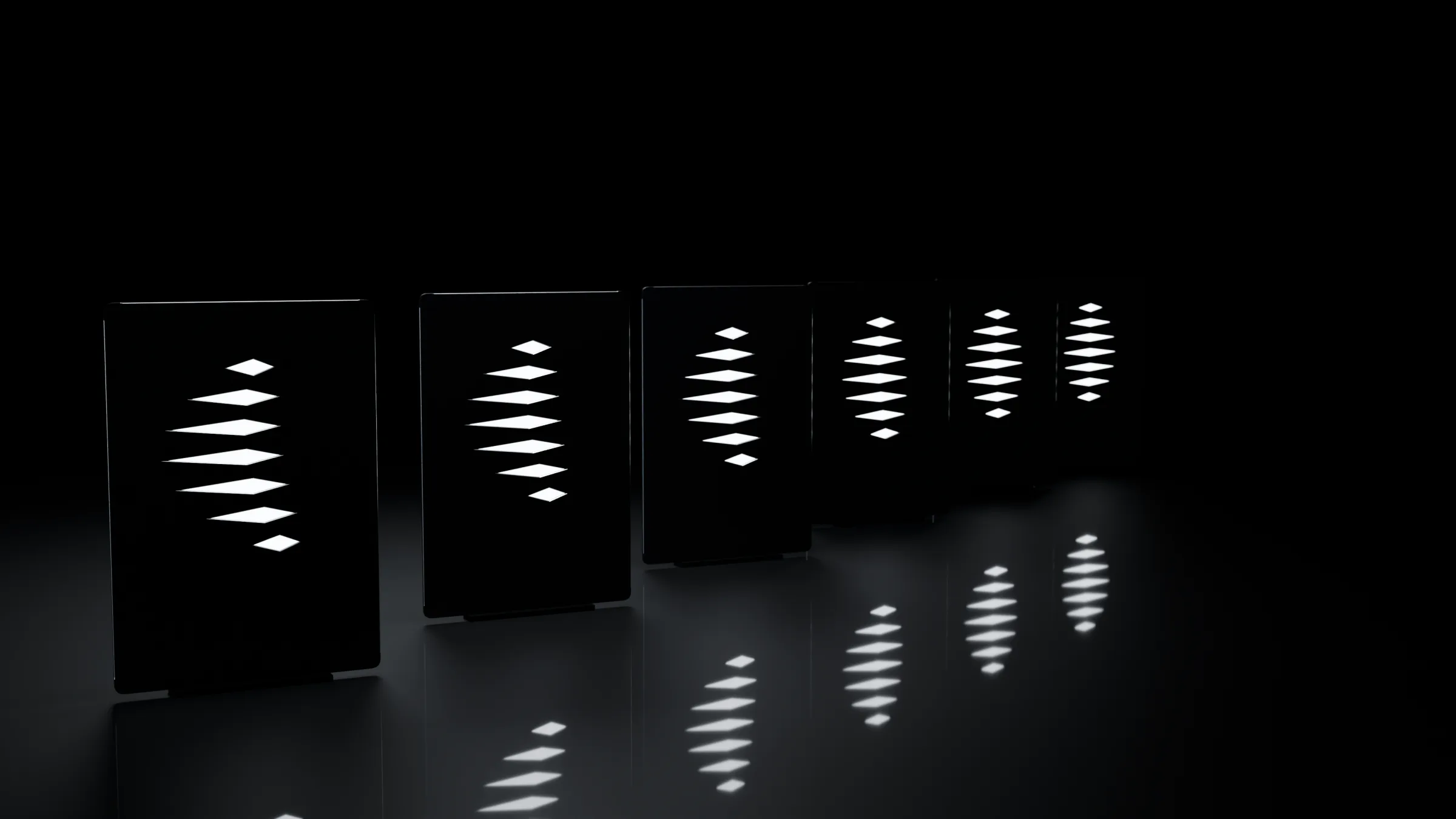 A row of standing plates, each lit by the Figure, receding into the dark