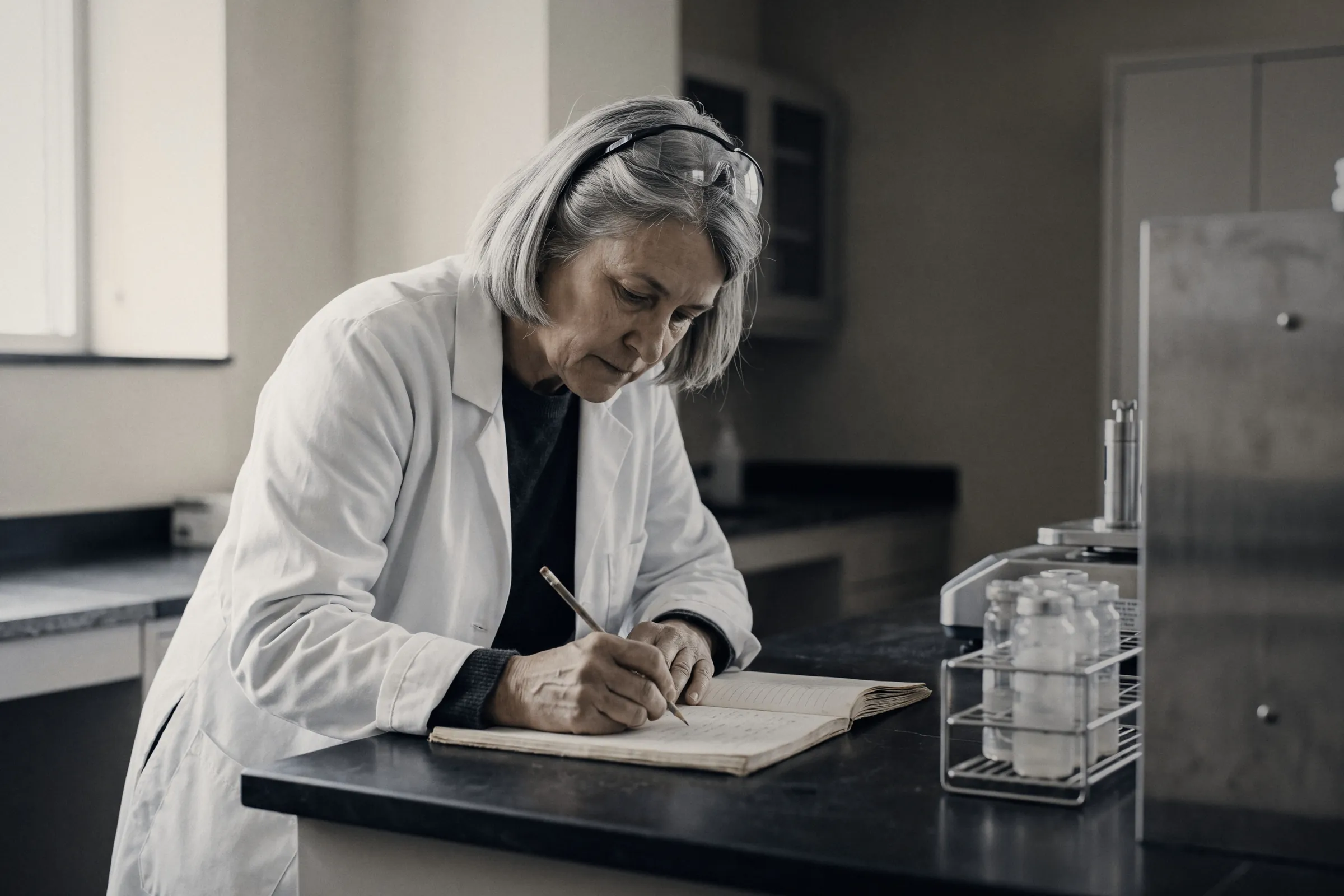 A researcher writing up field notes at a lab bench