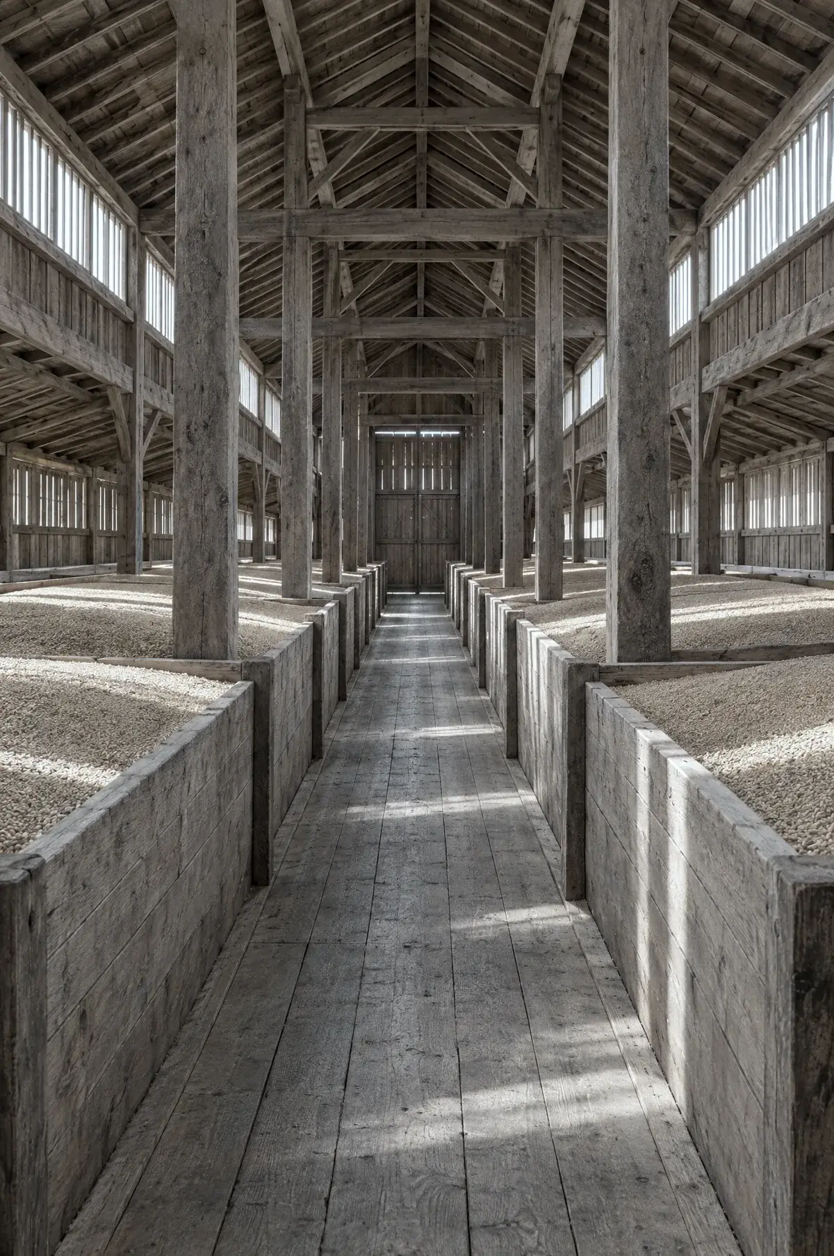 A long wooden grain store, harvested grain in open bays on both sides of the walkway