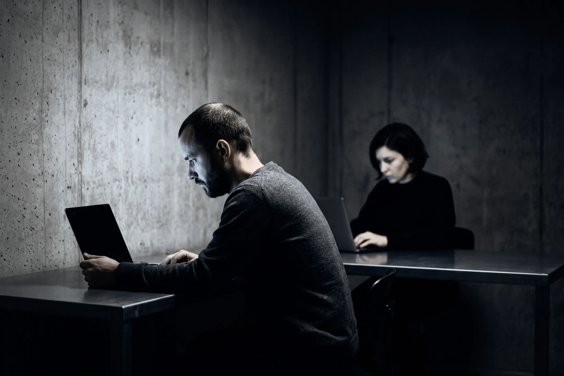 Two analysts working on laptops in a concrete room
