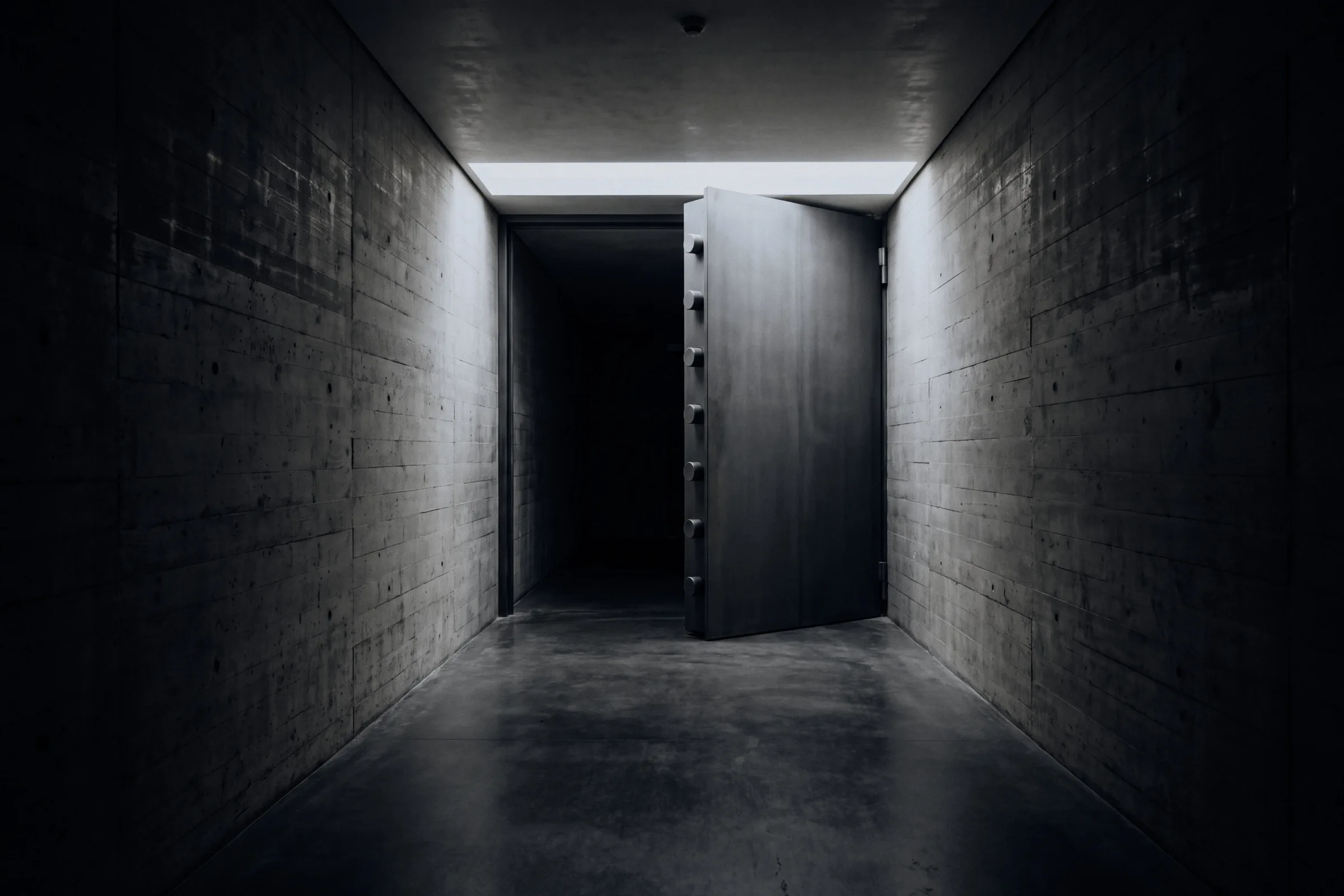 A bare concrete corridor ending in an open vault door
