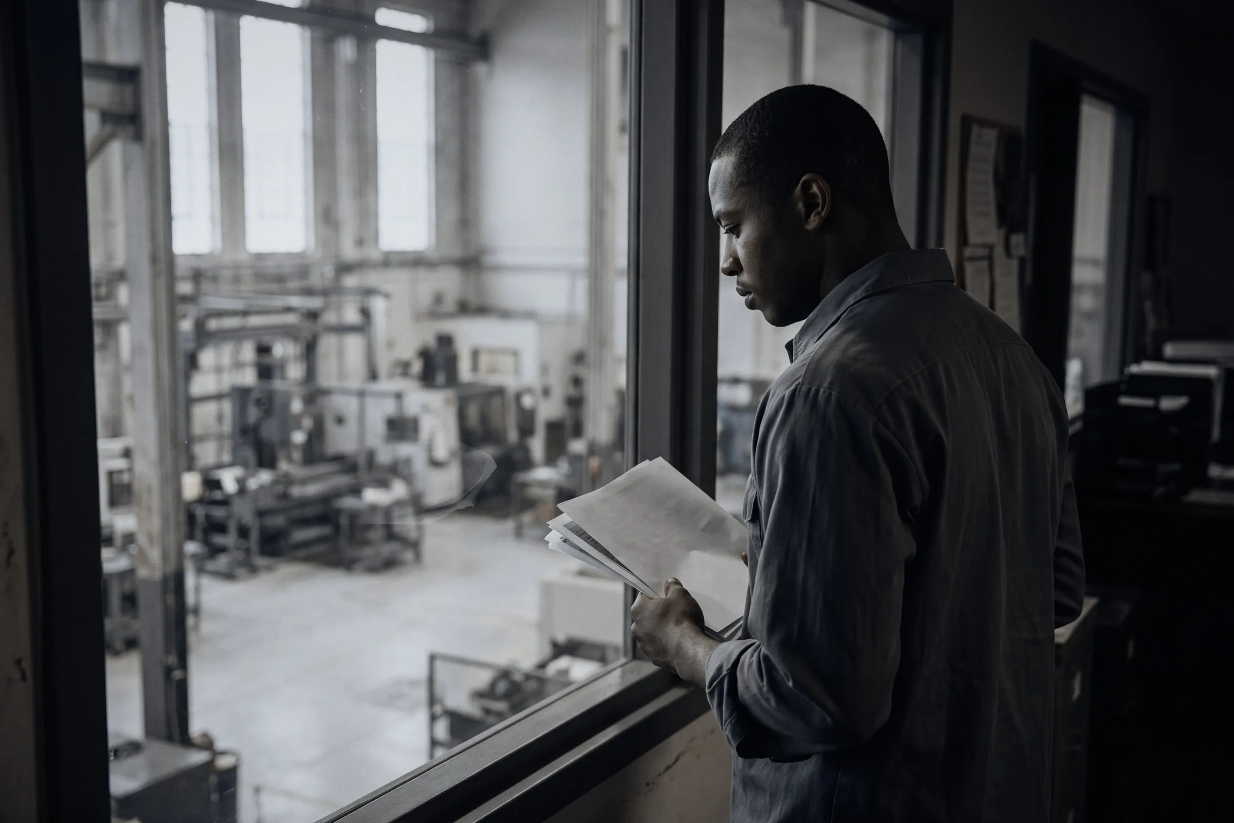 A production planner reading a report on the floor of a plant