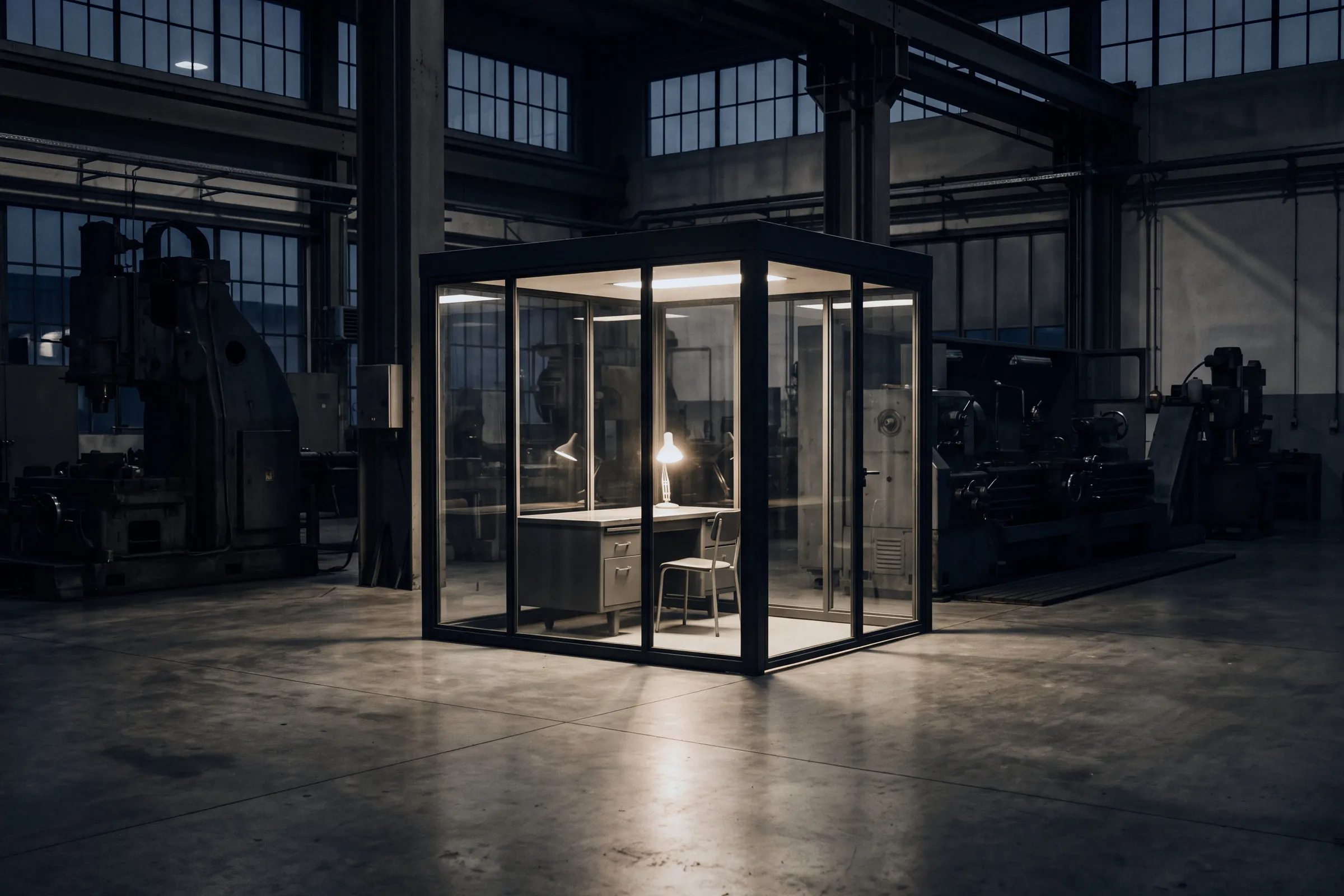 A lit glass office standing inside a dark factory hall