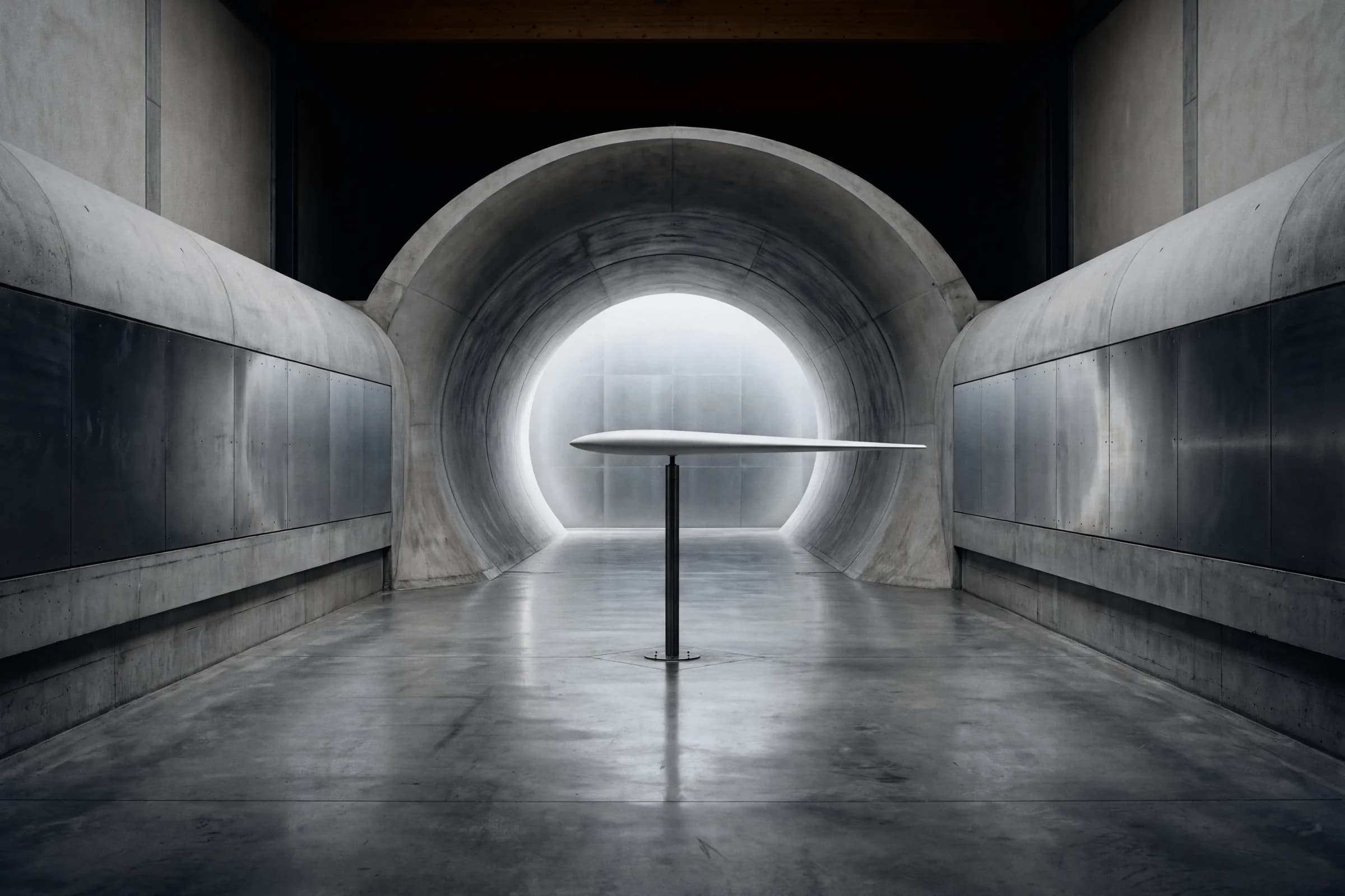 A concrete test hall shaped like a tunnel, a round opening of light at its end