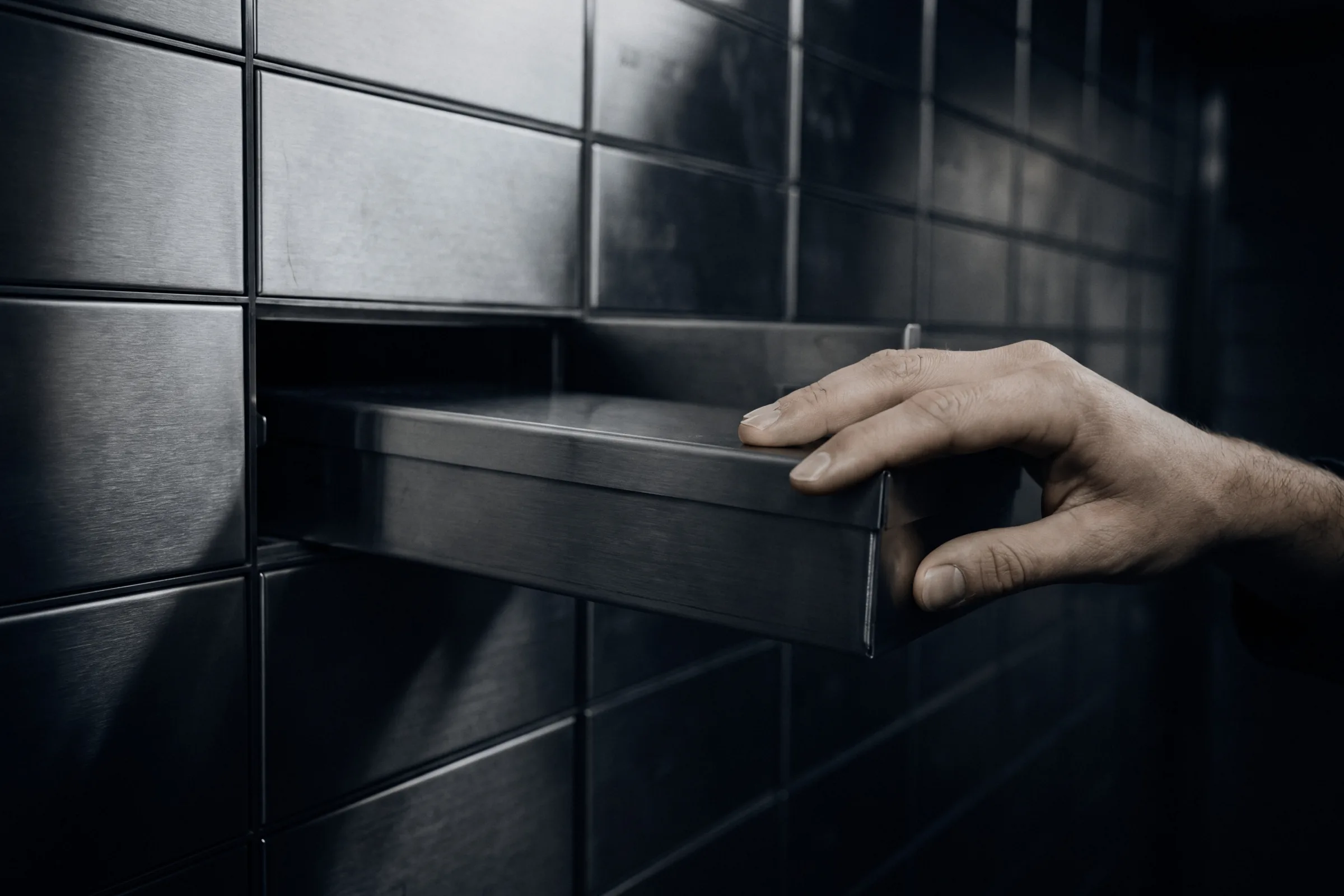 A hand drawing a steel drawer out of a wall of safe deposit boxes