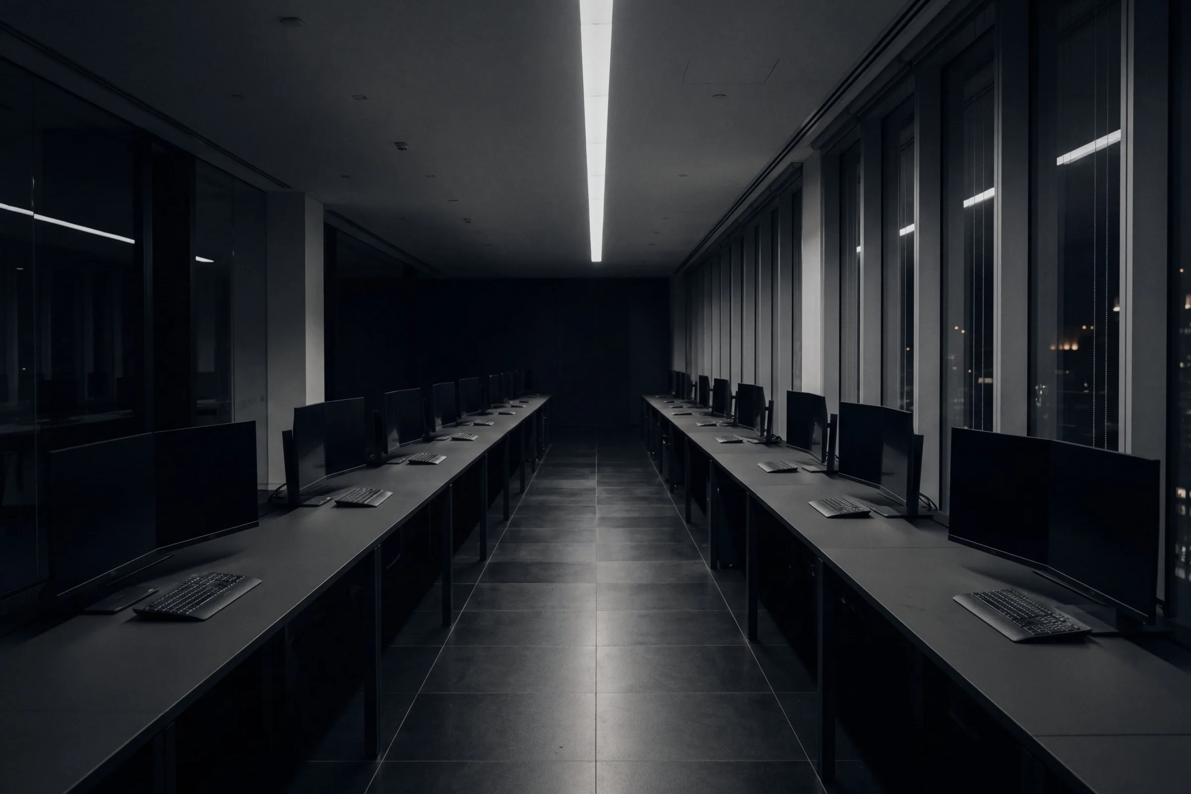 A long trading floor at night, two rows of dark screens under one line of light