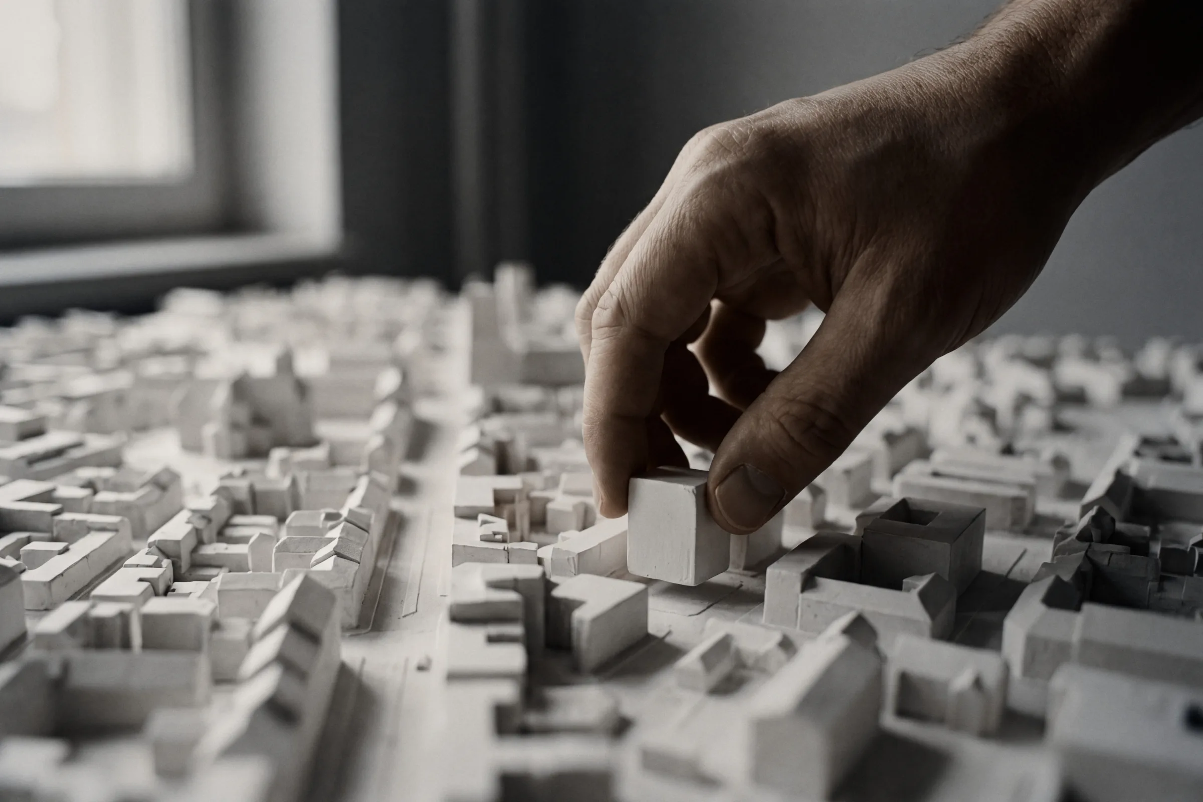 A hand placing a block on a white model of a city