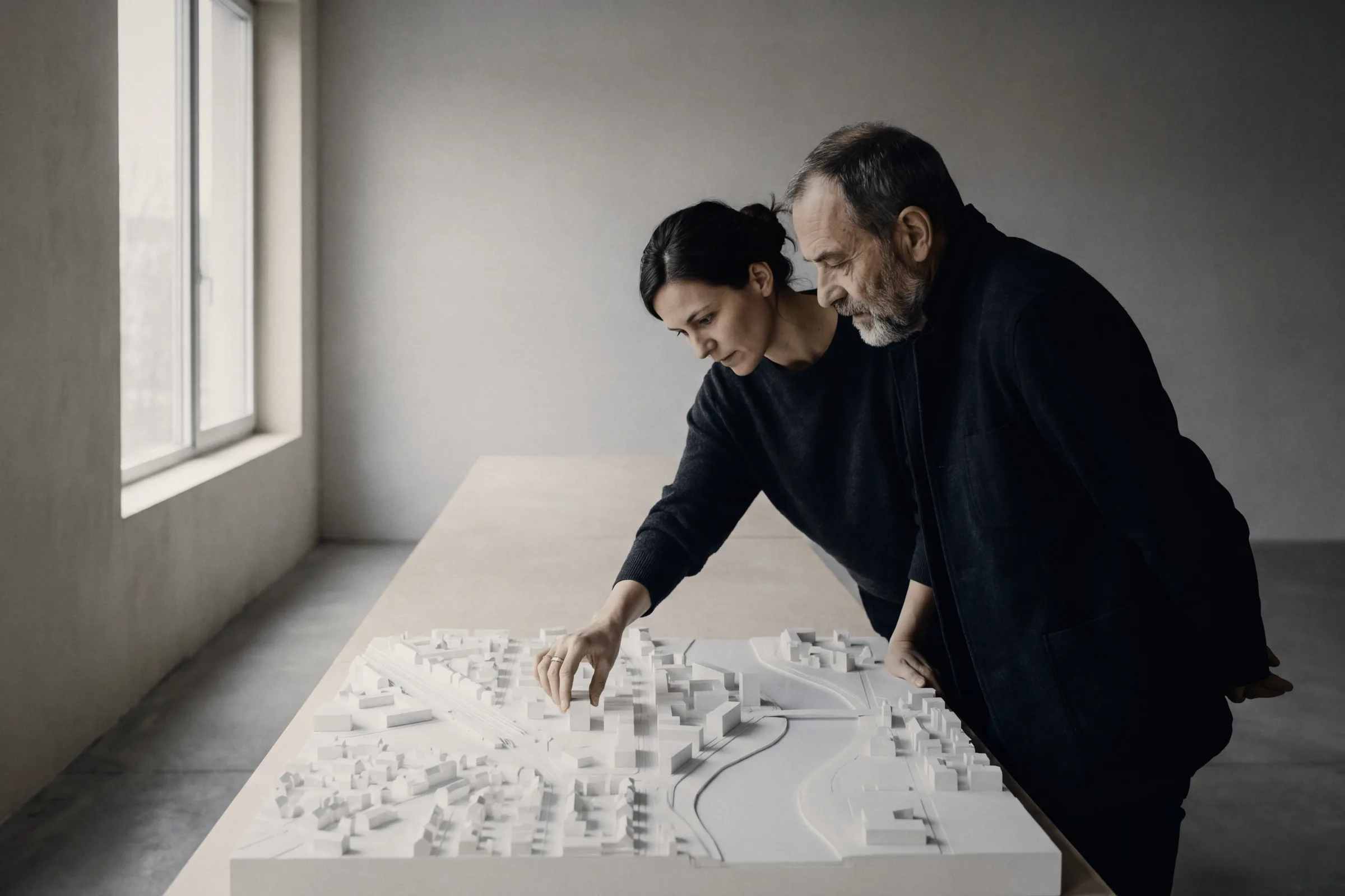 Two people working over a model of a city