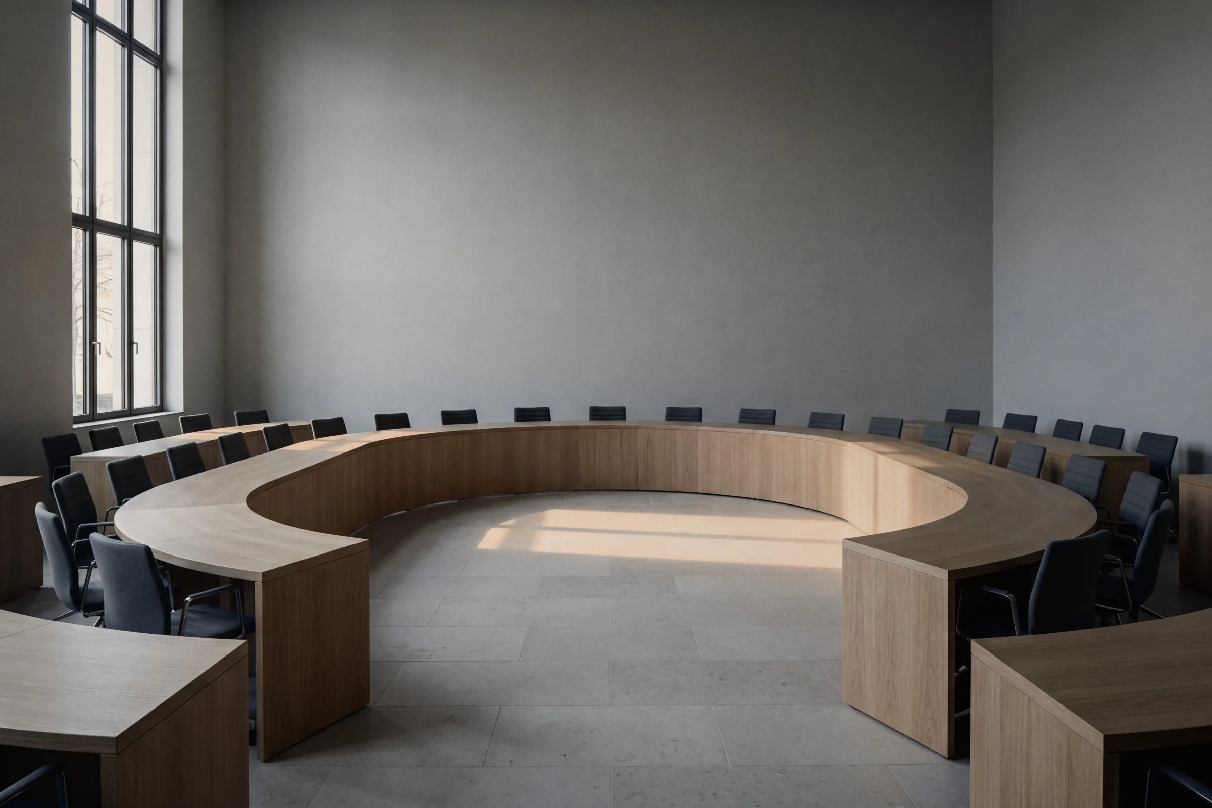 An empty council chamber, its curved oak table lit by a tall window
