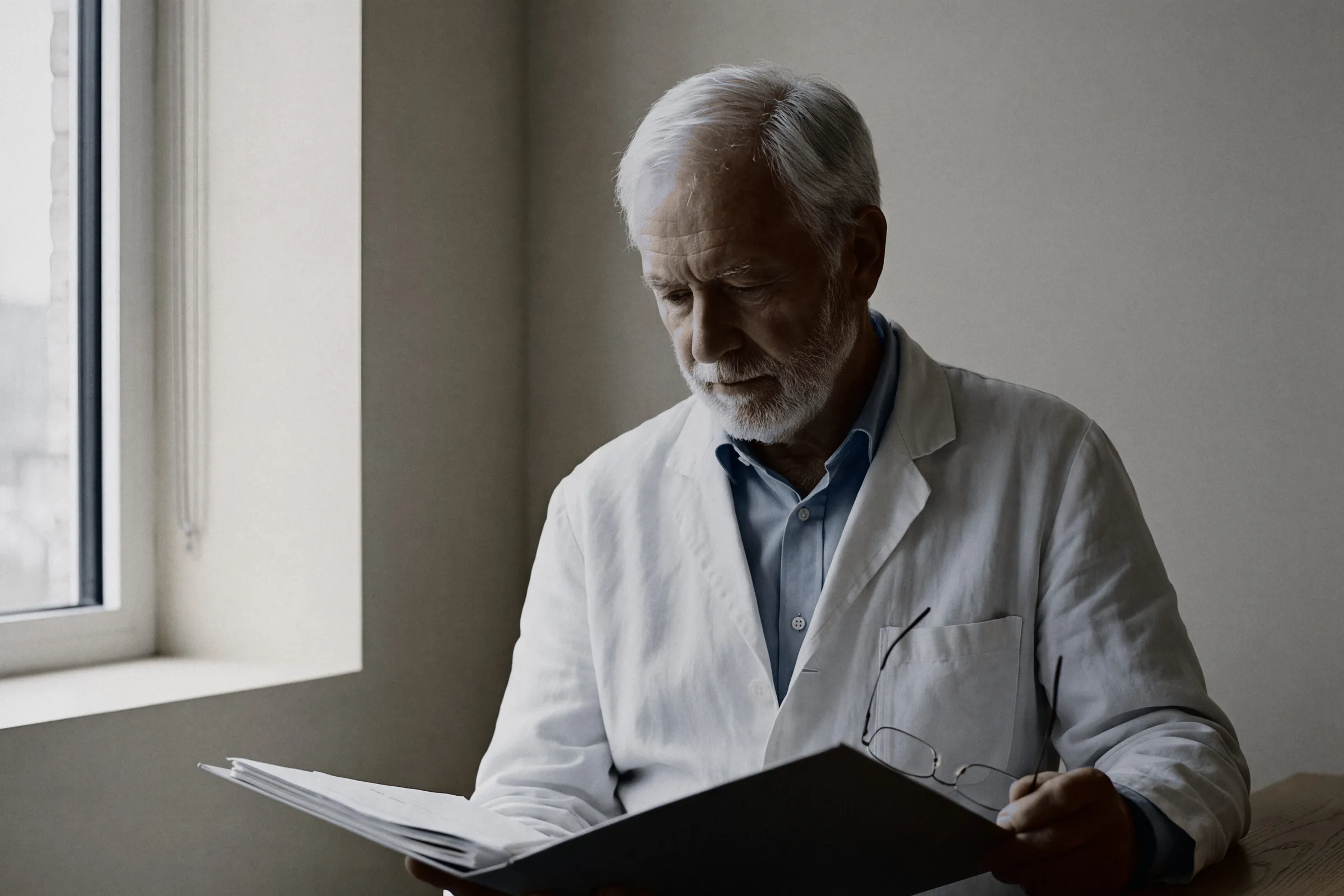 A doctor reading a patient file by a window