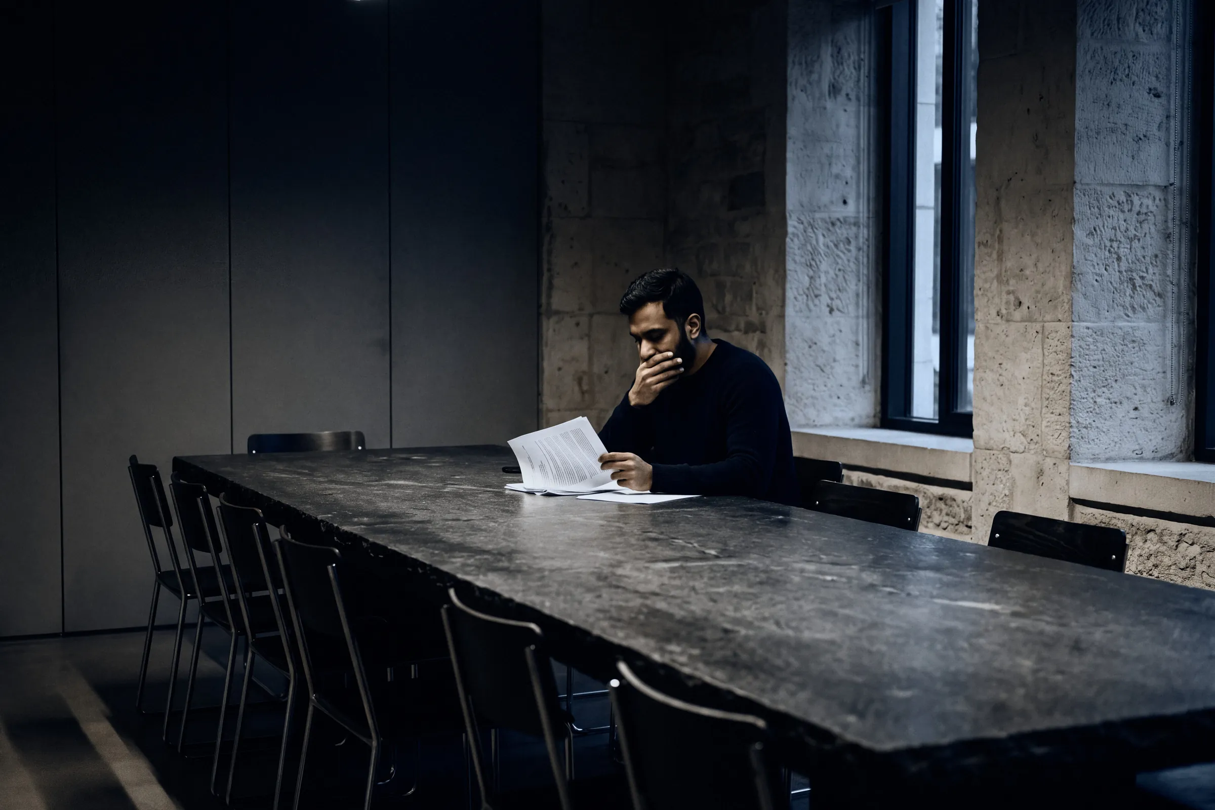A man reading a file at a long stone table in a stone-walled room