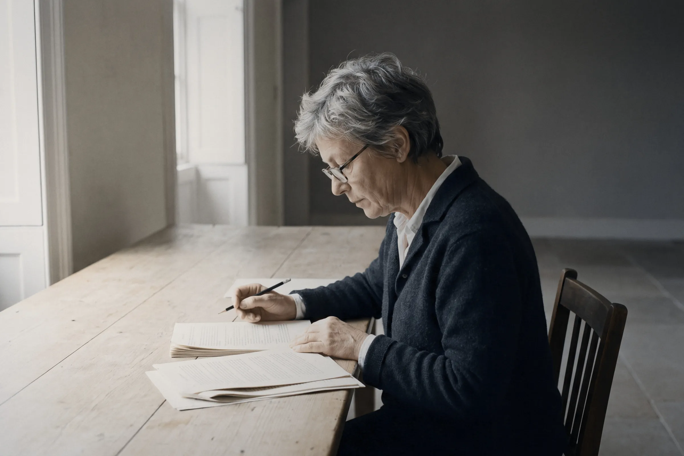 A lawyer working through a file at a long wooden table by the window