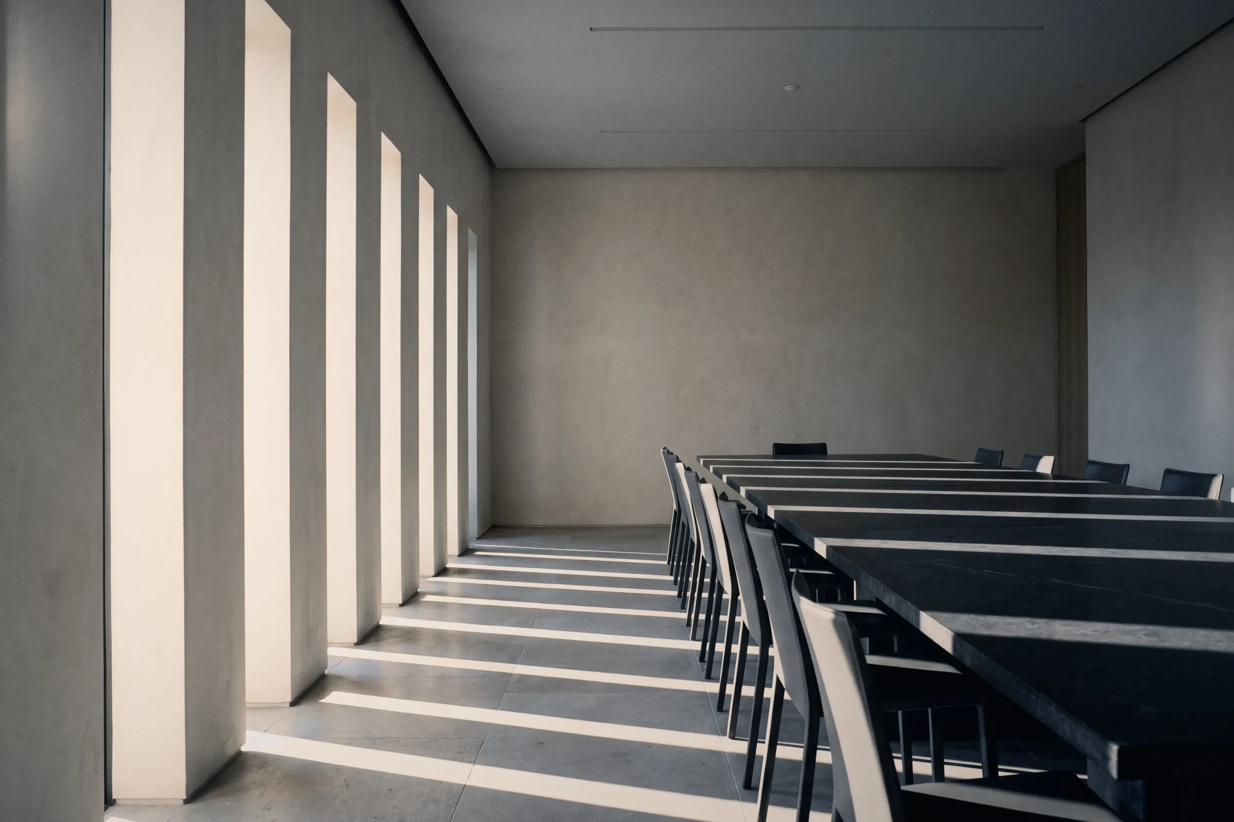 A long meeting room with dark tables, sunlight falling in stripes through tall windows