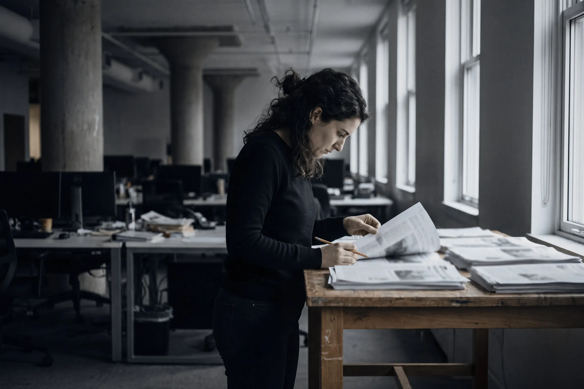 An editor marking up proofs at a desk in a newsroom