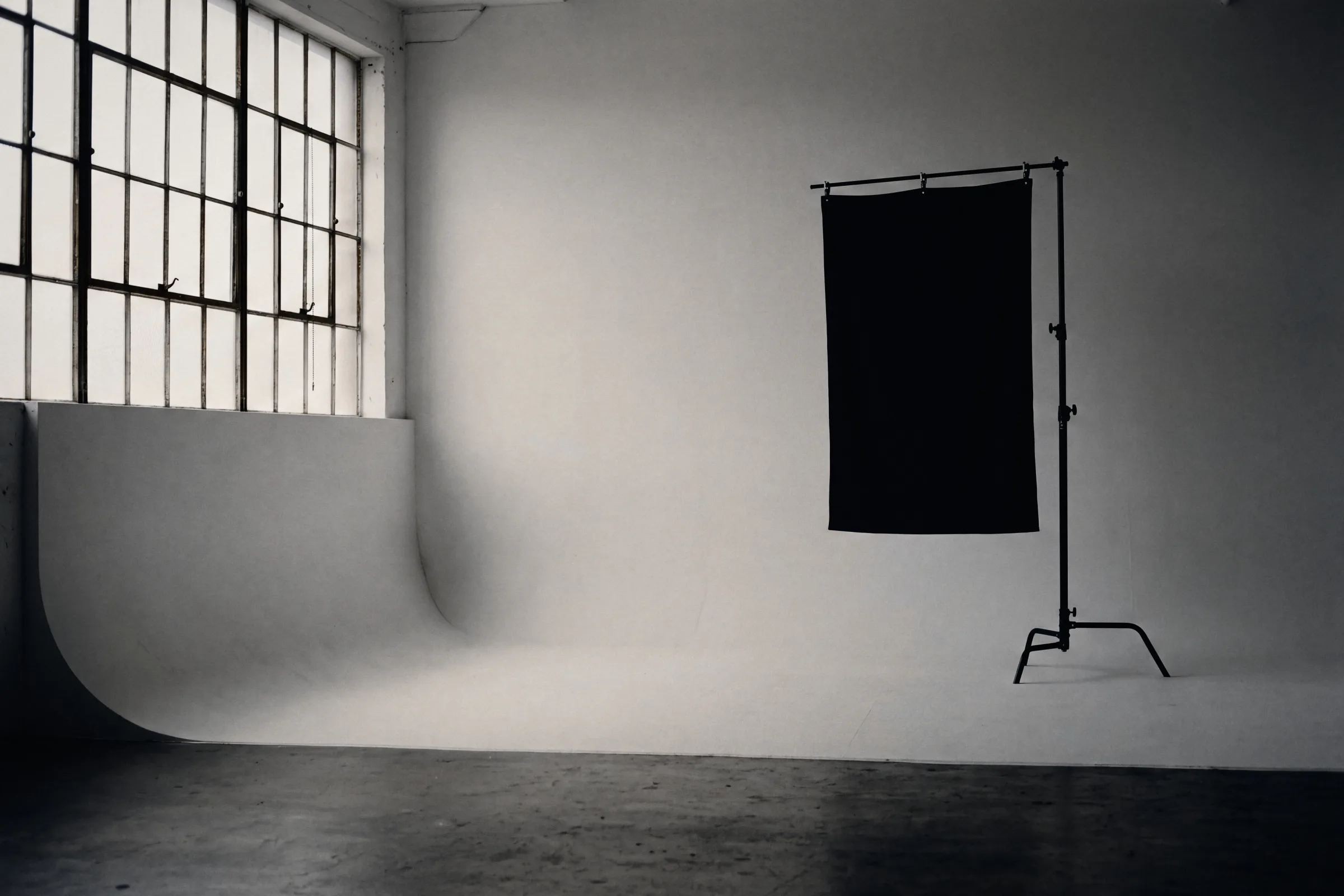 An empty photo studio, a black flag on a stand against a white curved wall