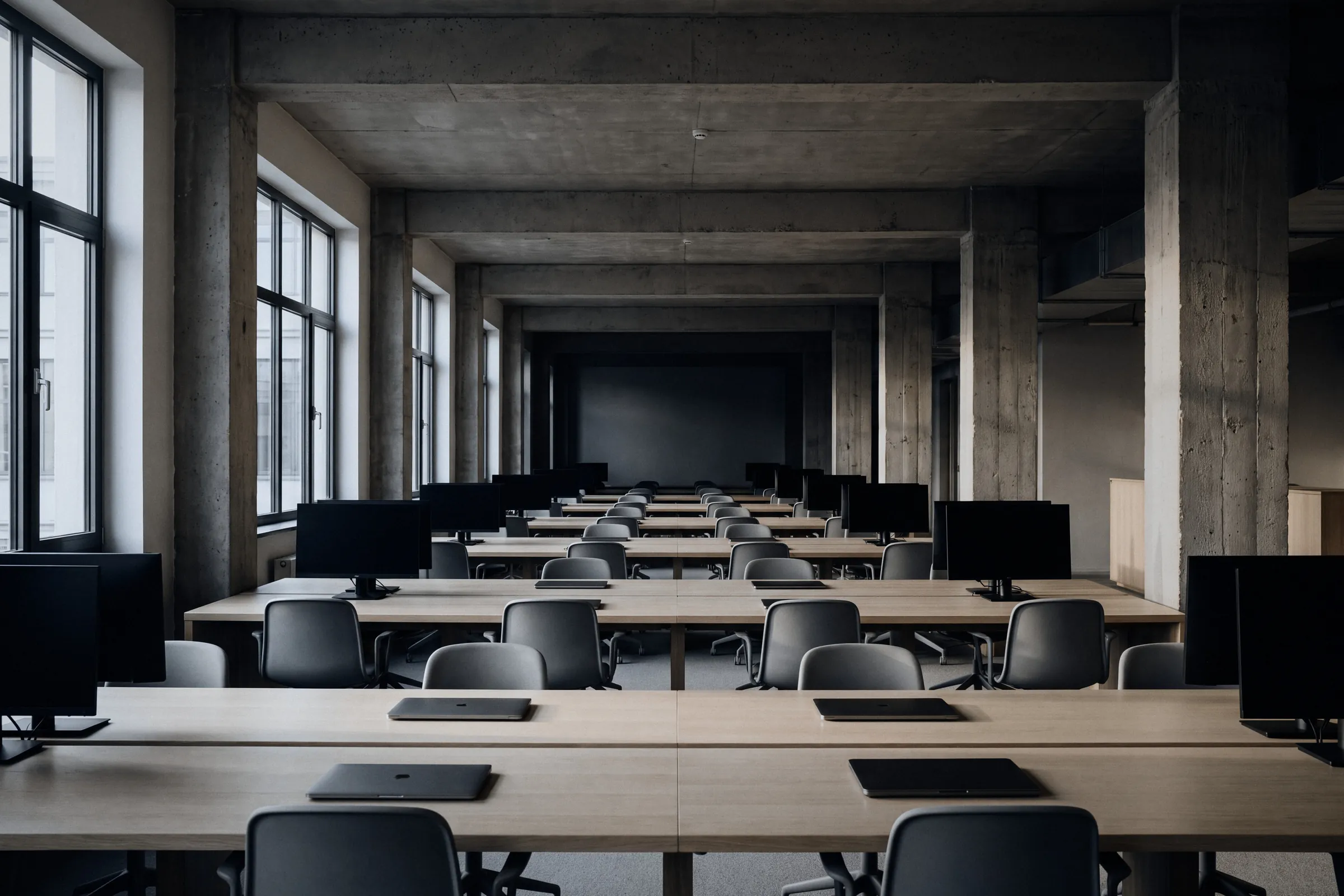An empty open-plan newsroom, long rows of desks between concrete pillars