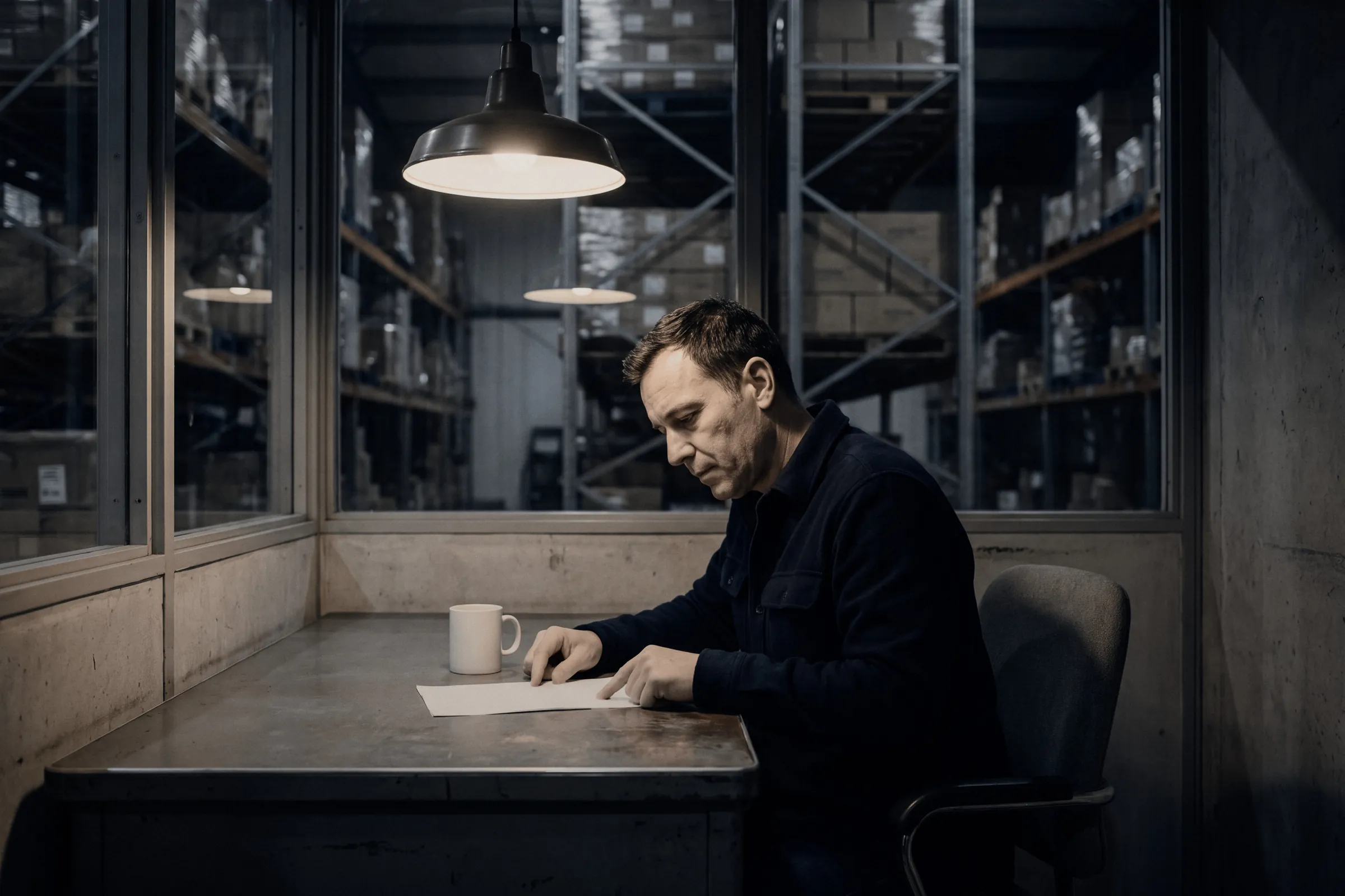 A buyer working through orders in a warehouse office