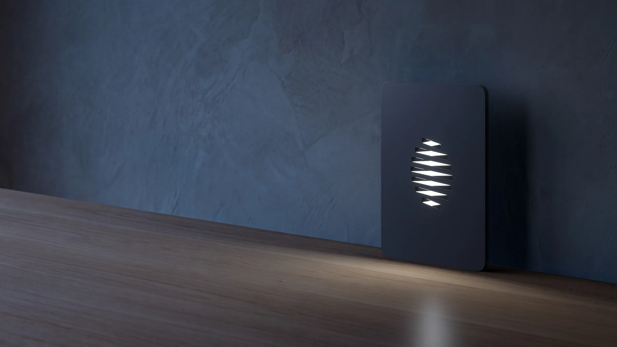 An Eigna Box against a dark wall at night, its seven crossings the only light in the room