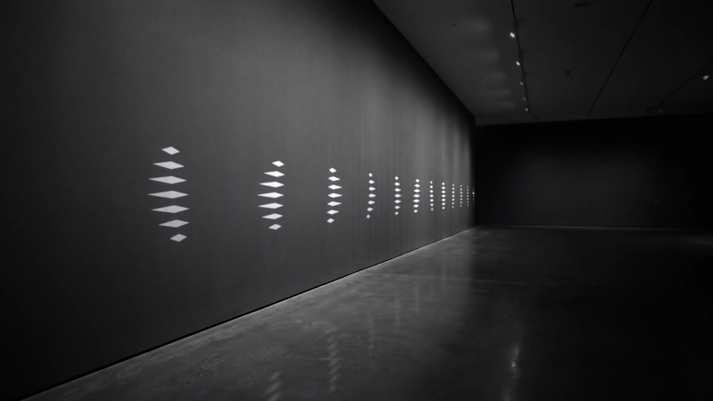 Owners’ Figures lit one after another along a long, dark gallery wall