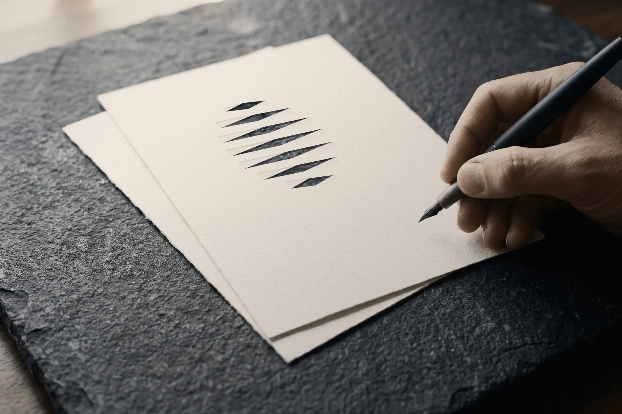 A hand writing on cream paper on dark slate, the Figure drawn at the top of the sheet