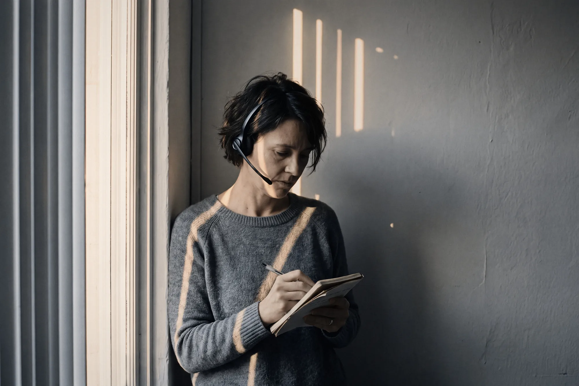 A support lead in a headset, writing in a notebook against a sunlit wall