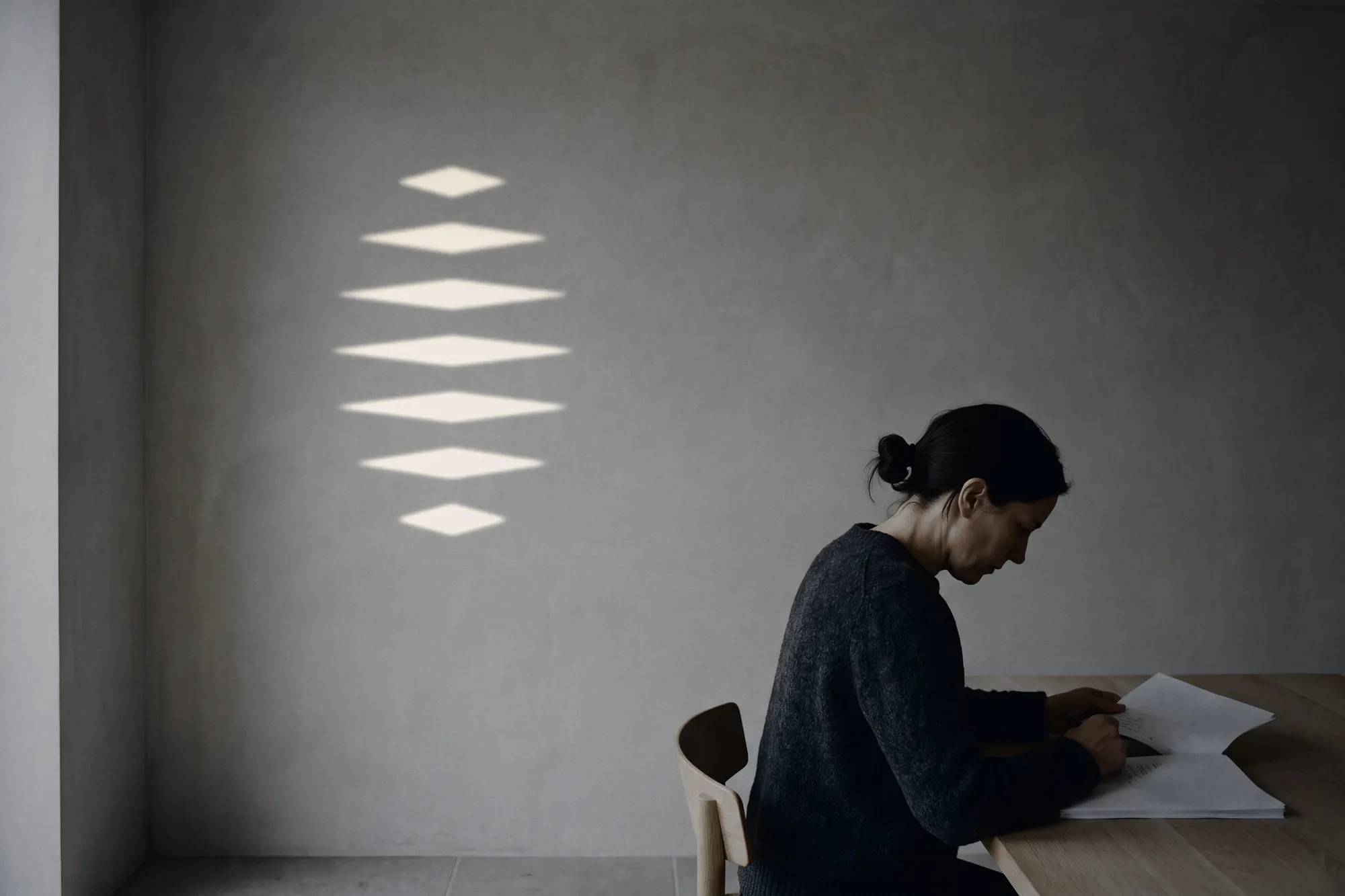 A woman writing at a desk, the Figure cast by the sun on the wall behind her